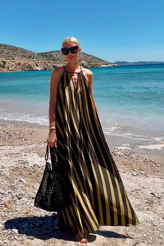 CWDMD6485_STRIPED V-NECK TIE WAIST BEACH MAXI DRESS