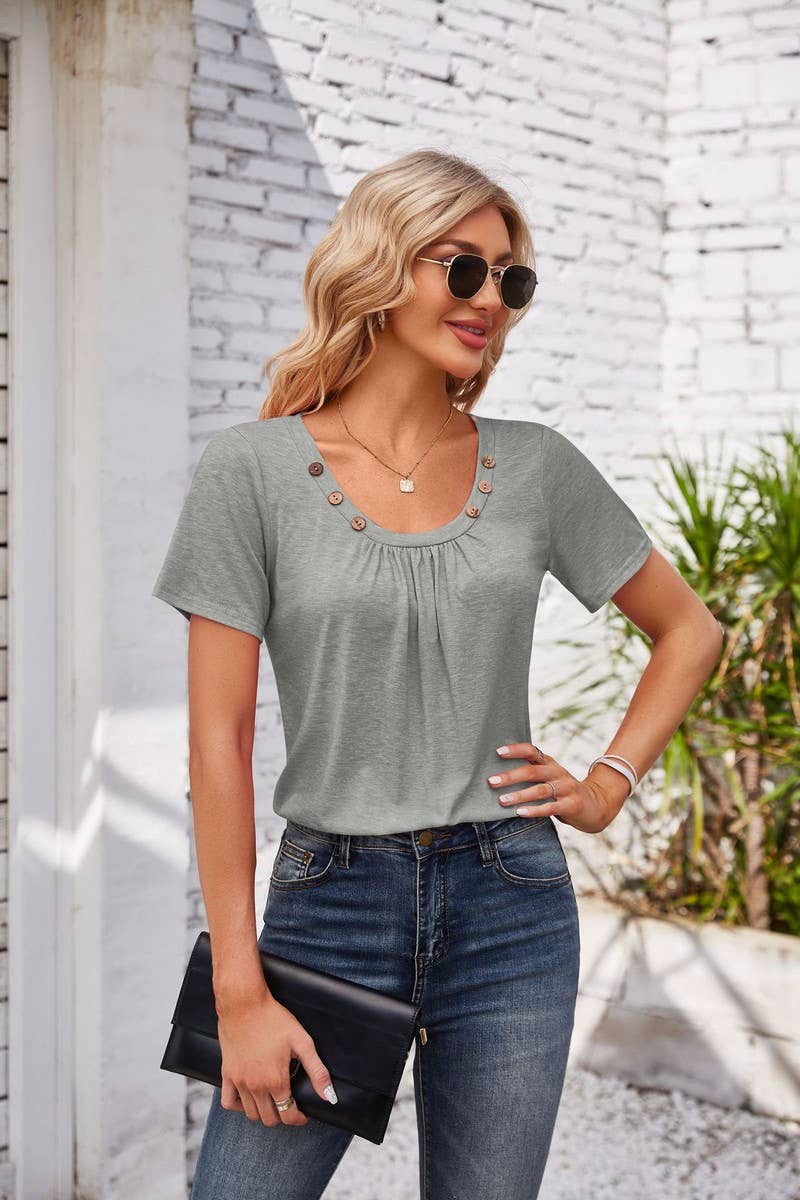 CWTTS00718_SUMMER NEW SHORT-SLEEVED T-SHIRT BUTTON U-NECK TO