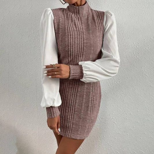 Beltless dress with high neck and long sleeves