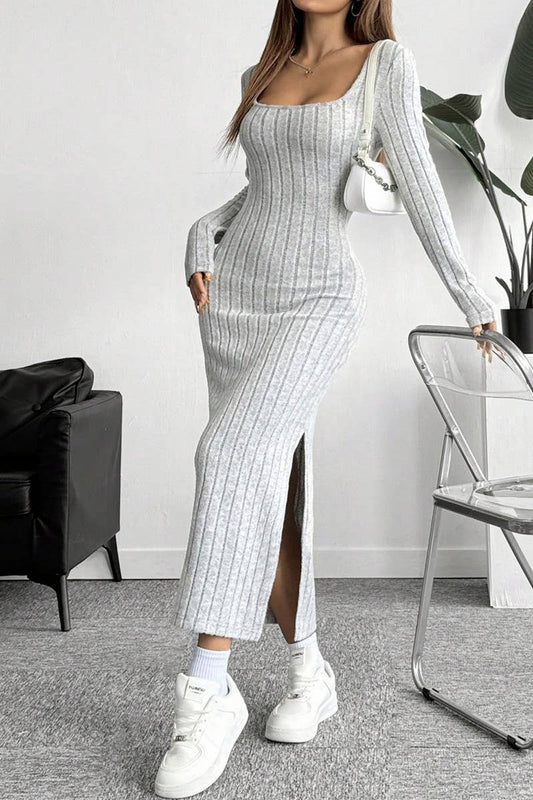 CWDMD00982_AUTUMN AND WINTER SLIM SIMPLE SLIT HIP DRESS