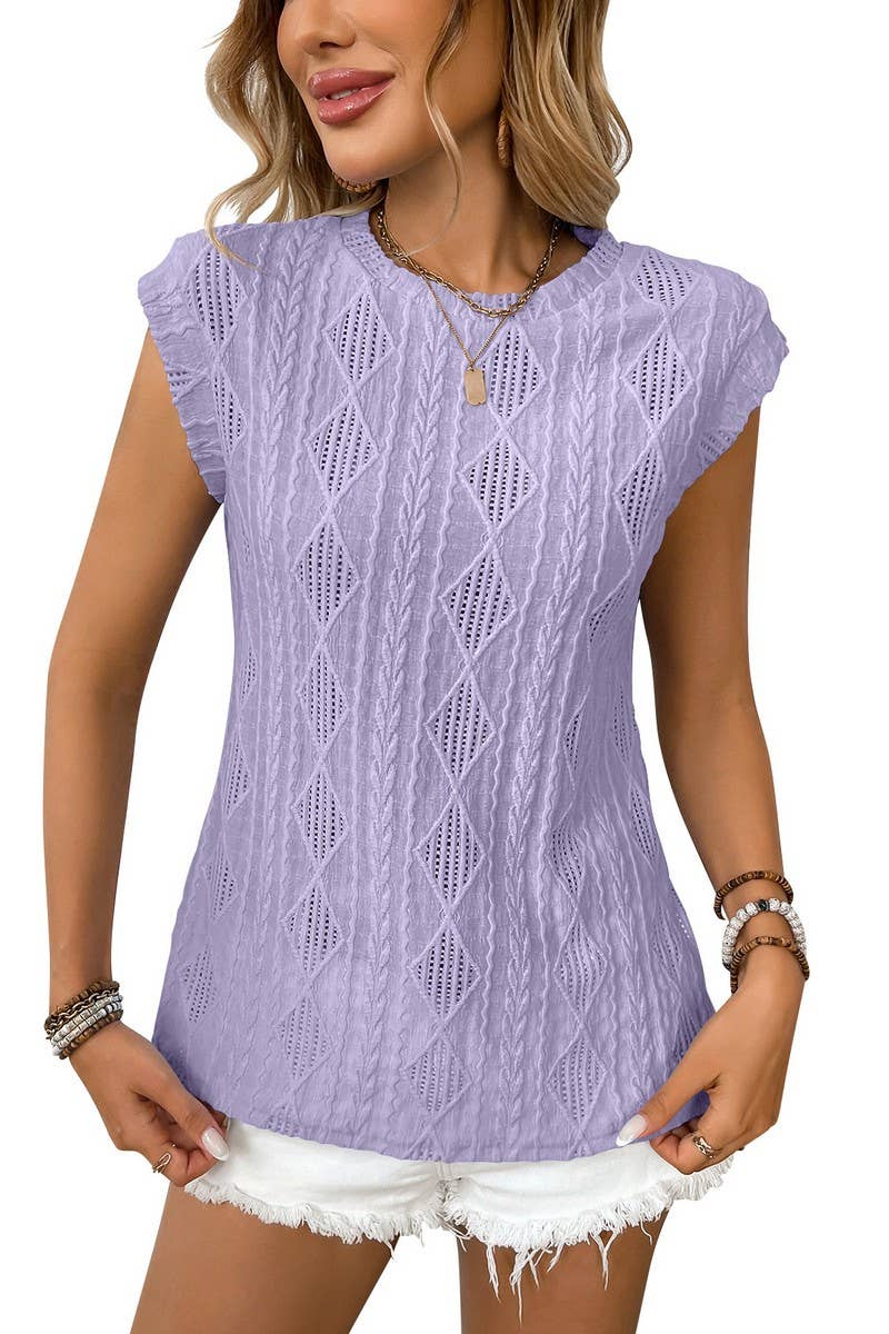 CWTBLS1615_ROUND NECK JACQUARD LOOSE T-SHIRT VEST