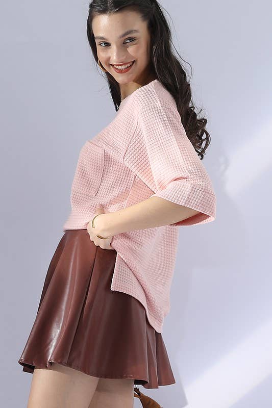 CWTTS696_ROUND NECK ROLLED SHORT SLEEVE TUNIC TOP