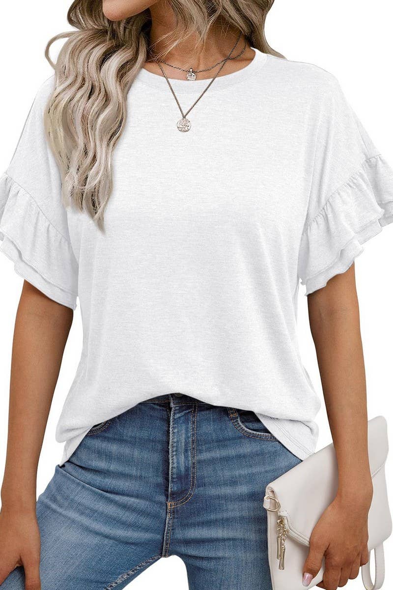 CWTBLS1620_SOLID COLOR ROUND NECK RUFFLE SLEEVE TOP