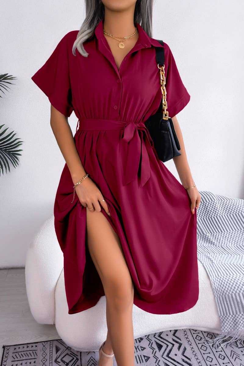 CWDMD2660_SUMMER CASUAL LOOSE LACE-UP SHIRT DRESS LONG