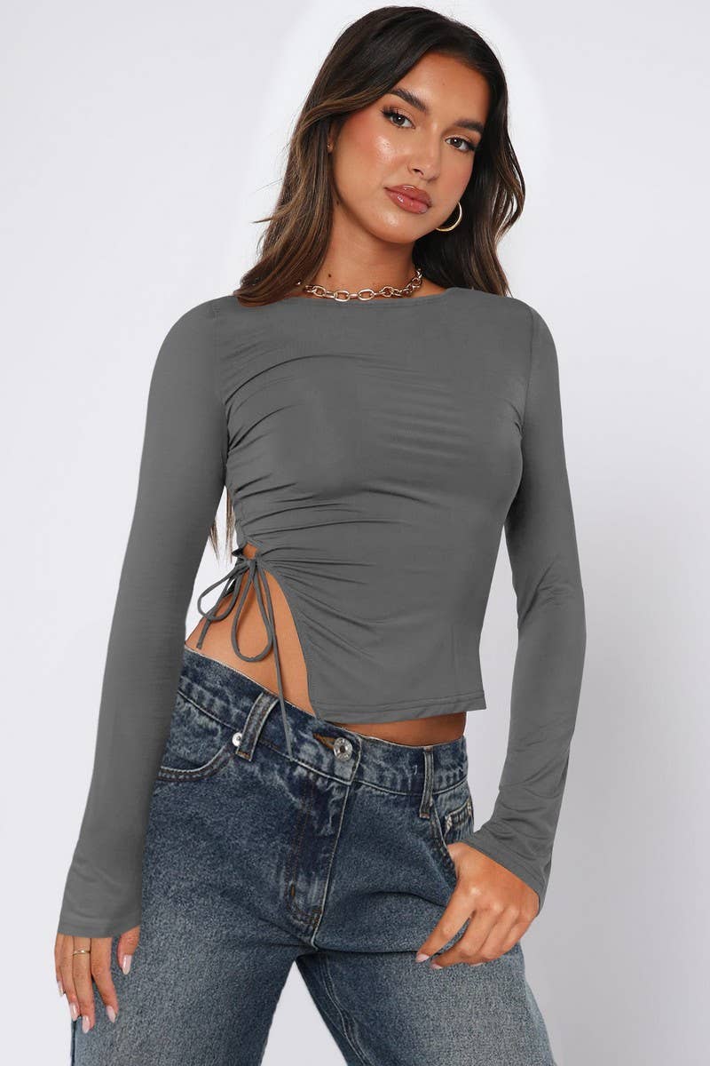 CWTTL2058_SEXY SLIT LACE-UP STRAIGHT SHOULDER T-SHIRT