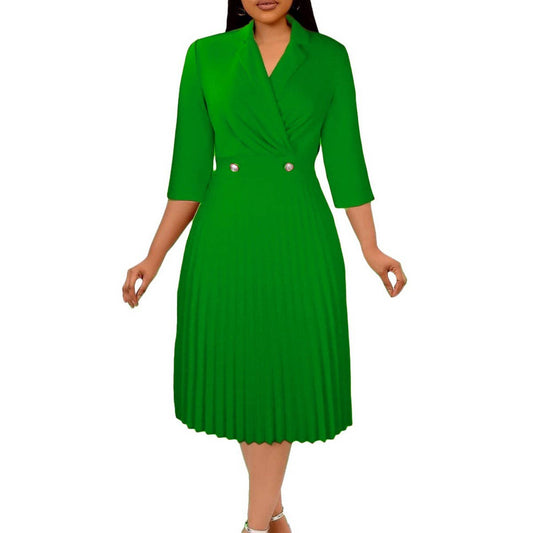 SOLID COLOR ELEGANT SUITCOLLAR PLEATED LAPEL DRESS_CWDMD3718