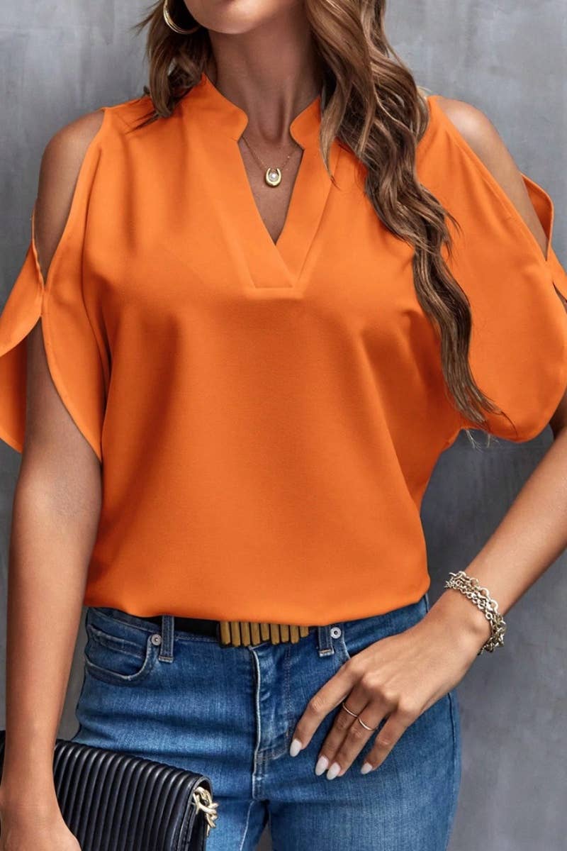 CWTBLS1124_SUMMER V-NECK OFF-THE-SHOULDER SHORT-SLEEVED TOP