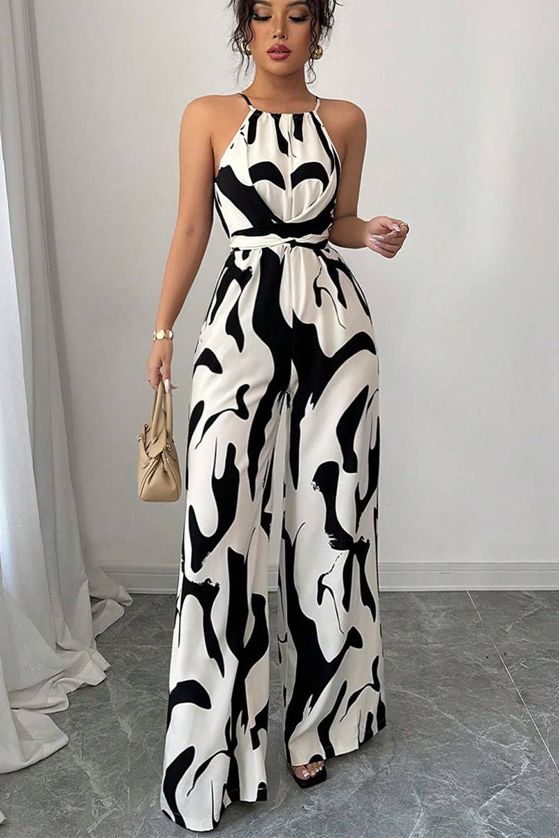 CWSJS1581_ZEBRA PRINT SPAGHETTI STRAP BELTED JUMPSUIT