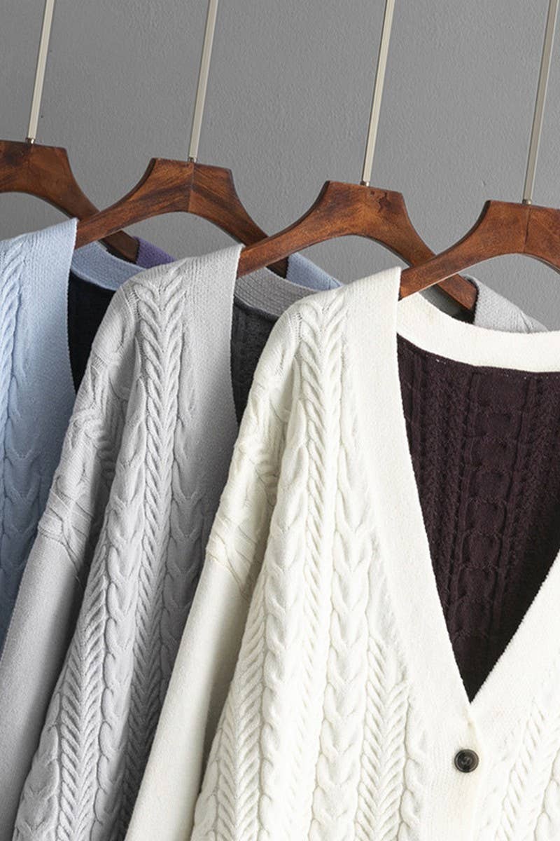 CWOCAL00678_LOOSE COLORBLOCK CABLE V NECK KNIT CARDIGAN