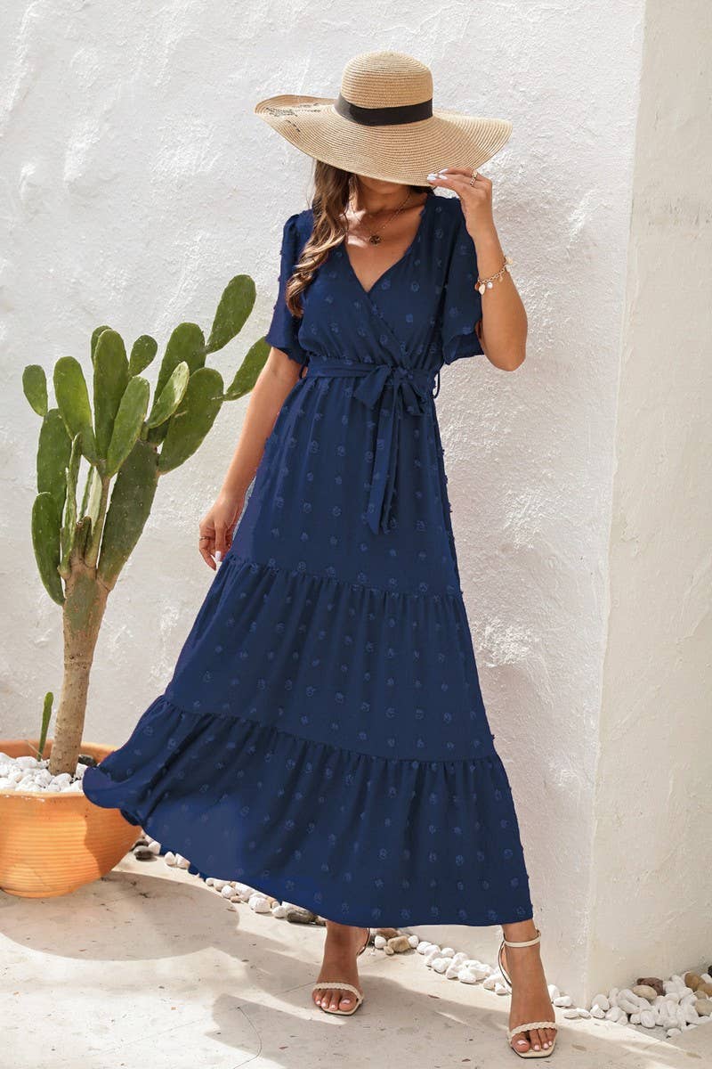 CWDMD2150_V NECK HIGH WAISTED SHORT SLEEVED LONG DRESS