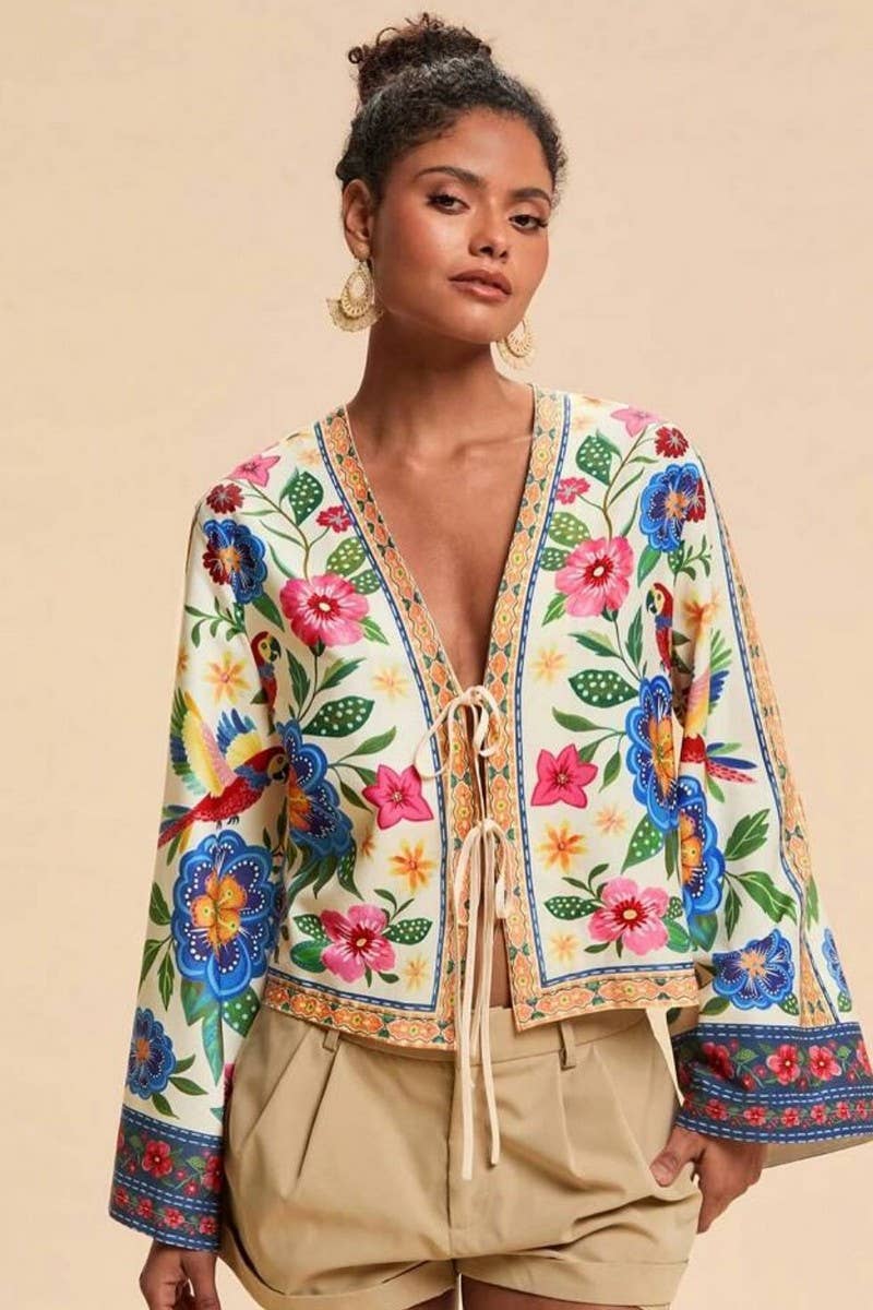 CWTBLL00636_CASUAL PRINTED TIE FRONT VACATION CARDIGAN TOP
