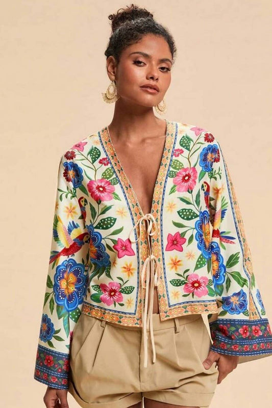 CWTBLL00636_CASUAL PRINTED TIE FRONT VACATION CARDIGAN TOP