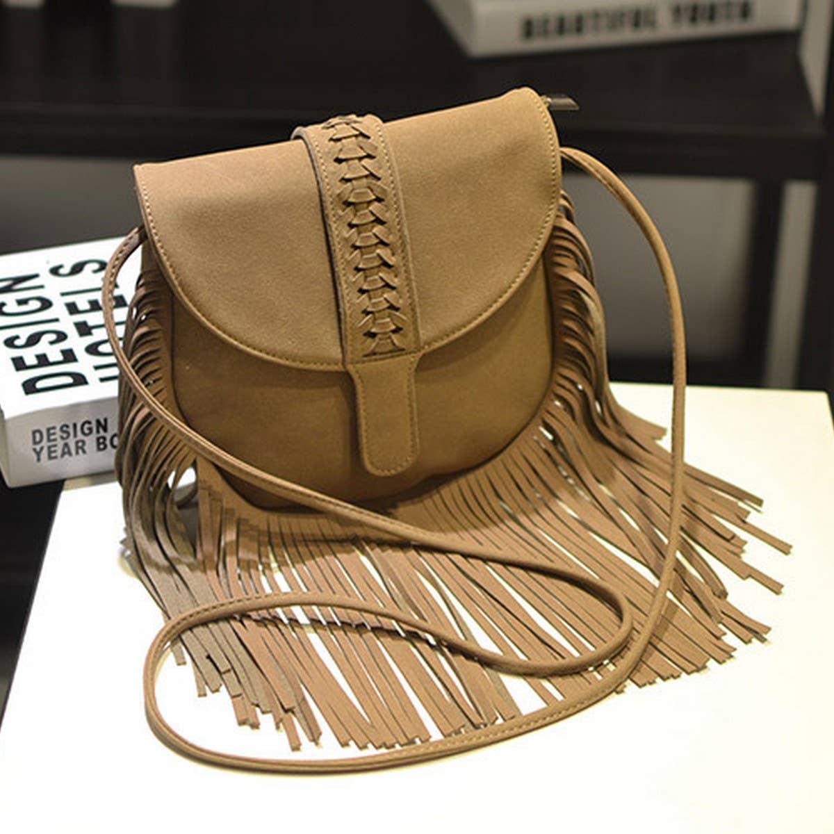 CWAB4563_BRAIDED BELT BUCKLE NUBUCK TASSEL SHOULDER BAG