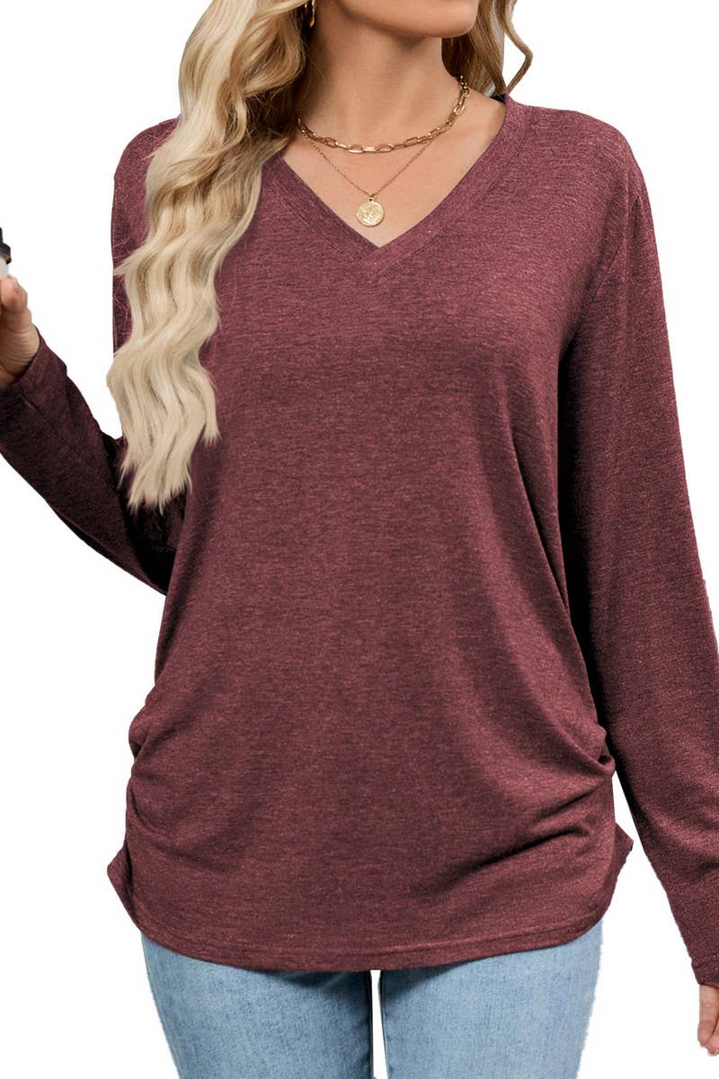 CWTBLL4019_SOLID V-NECK LOOSE FIT LONG SLEEVE T-SHIRT