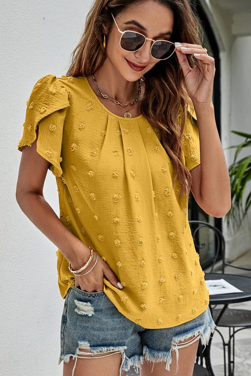 CWTBLS0342_Round neck Short Puff Sleeve Blouse