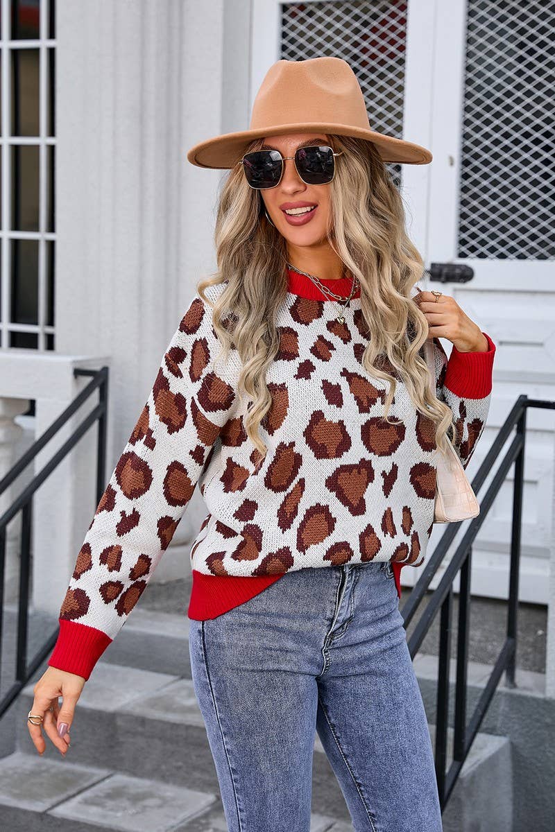 CWOSWL3073_LEOPARD PRINT CREW NECK KNITTED SWEATER