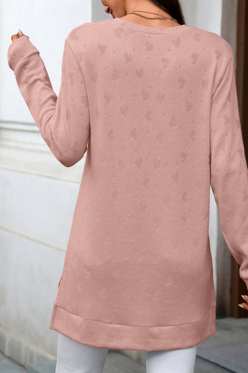 CWTBLL01288_ROUND NECK LONG SLEEVE SLIT SOLID COLOR TOP