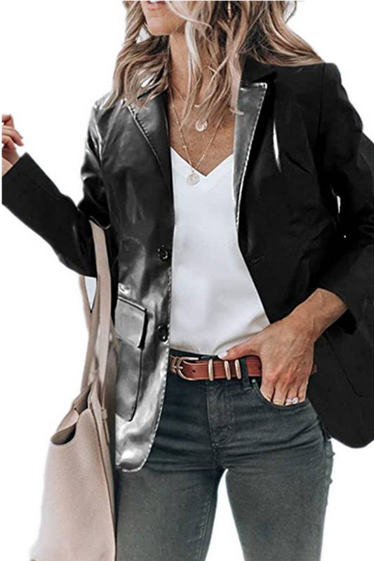 CWOCO0982_LAPEL SINGLE BREASTED SOLID COLOR PU LEATHER COAT