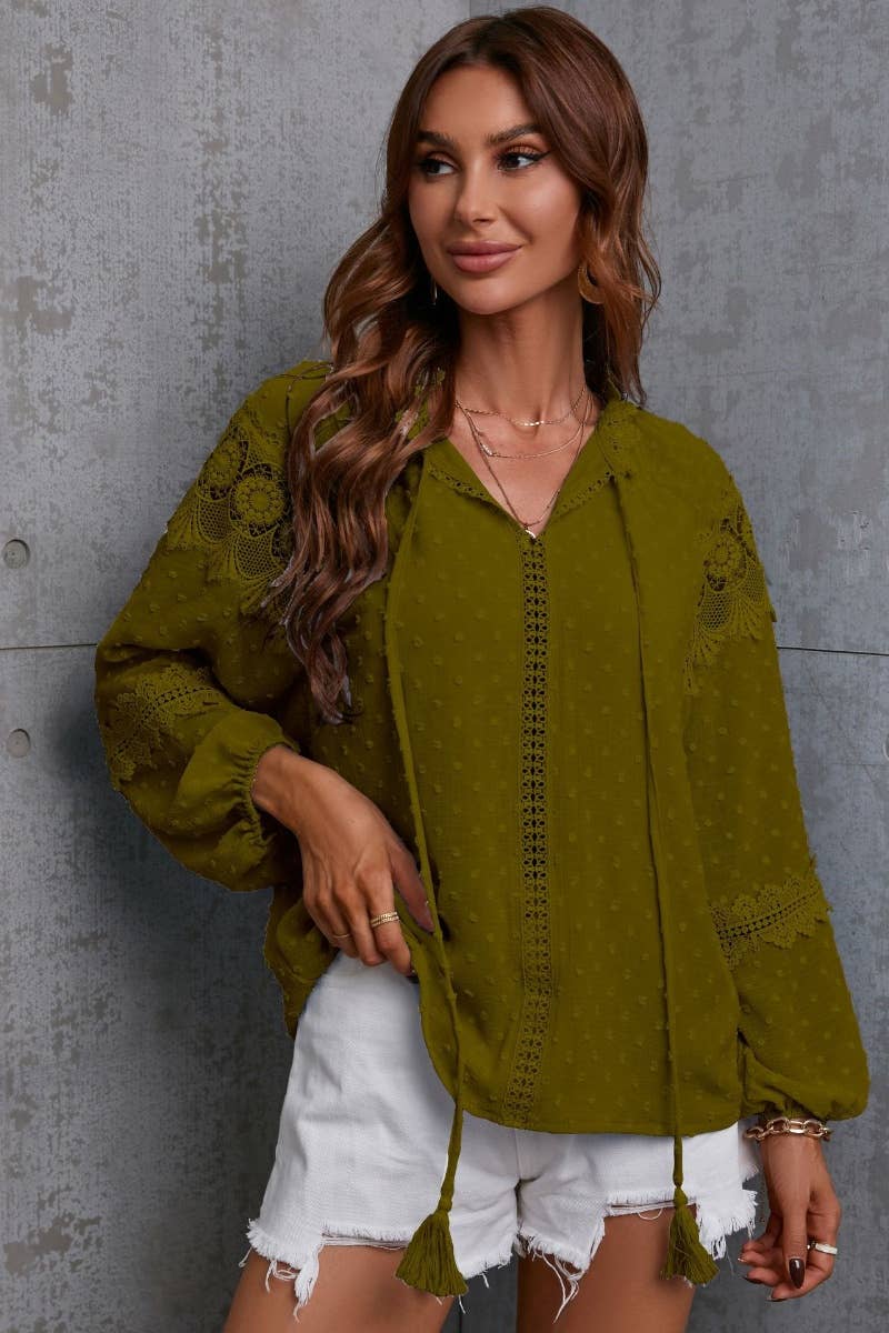 CWTBLL0831_CHIFFON HALF-NECK LACE PATCHWORK LONG-SLEEVED TOP