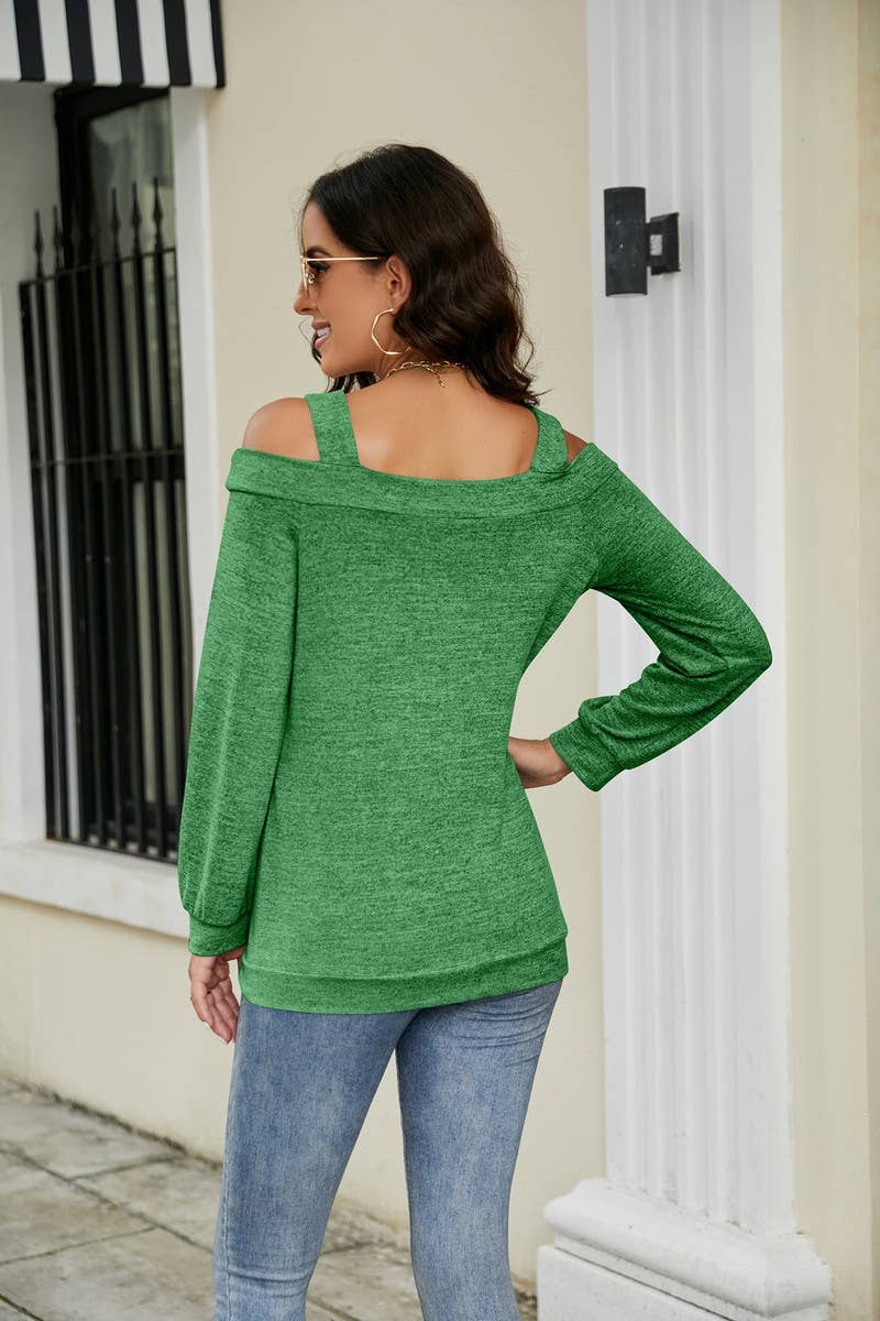 CWTBLL2373_OFF-SHOULDER HOLLOW SOLID COLOR LONG-SLEEVED TOP
