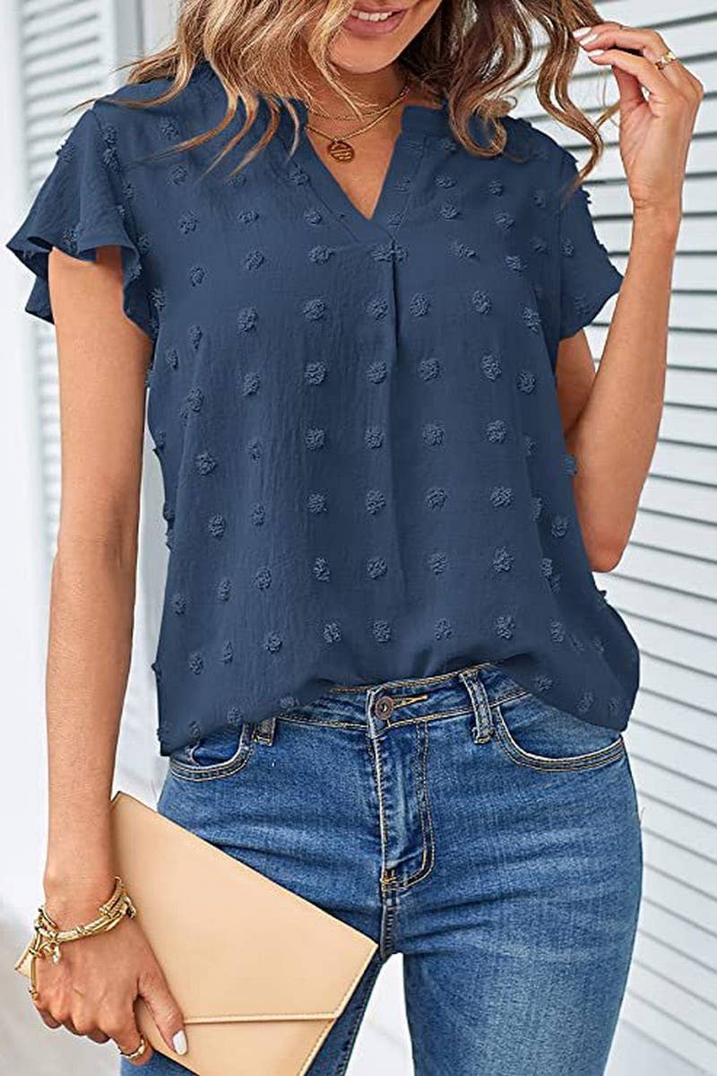 CWTBLS0606_V-NECK RUFFLED SLEEVE CHIFFON SHORT-SLEEVED TOP