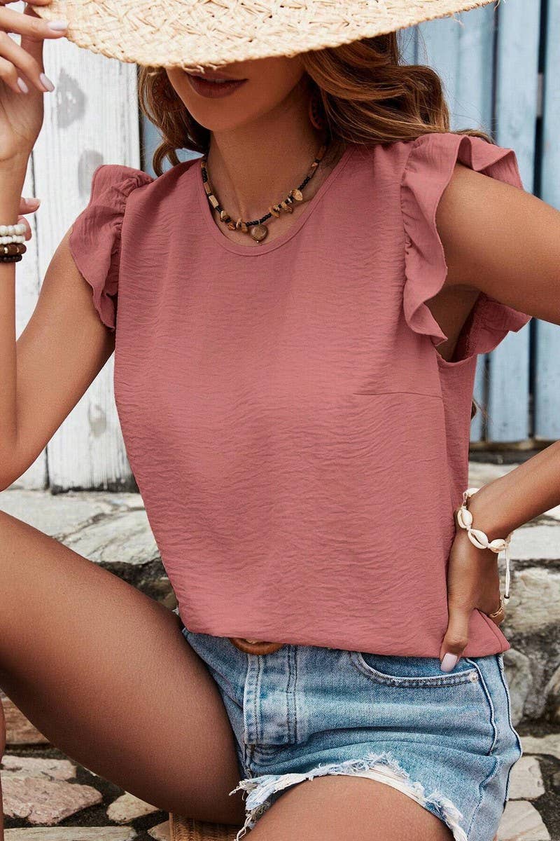 CWTBLSL0696_SOLID COLOR ROUND NECK RUFFLE BOW VEST TOP