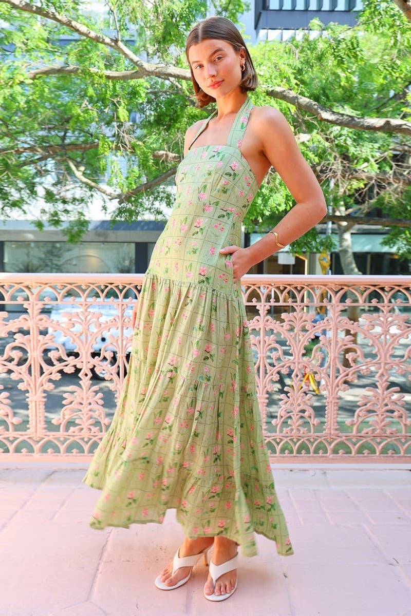 CWDHL0948_ELEGANT FLORAL HALTER BACKLESS A-LINE MAXI DRESS