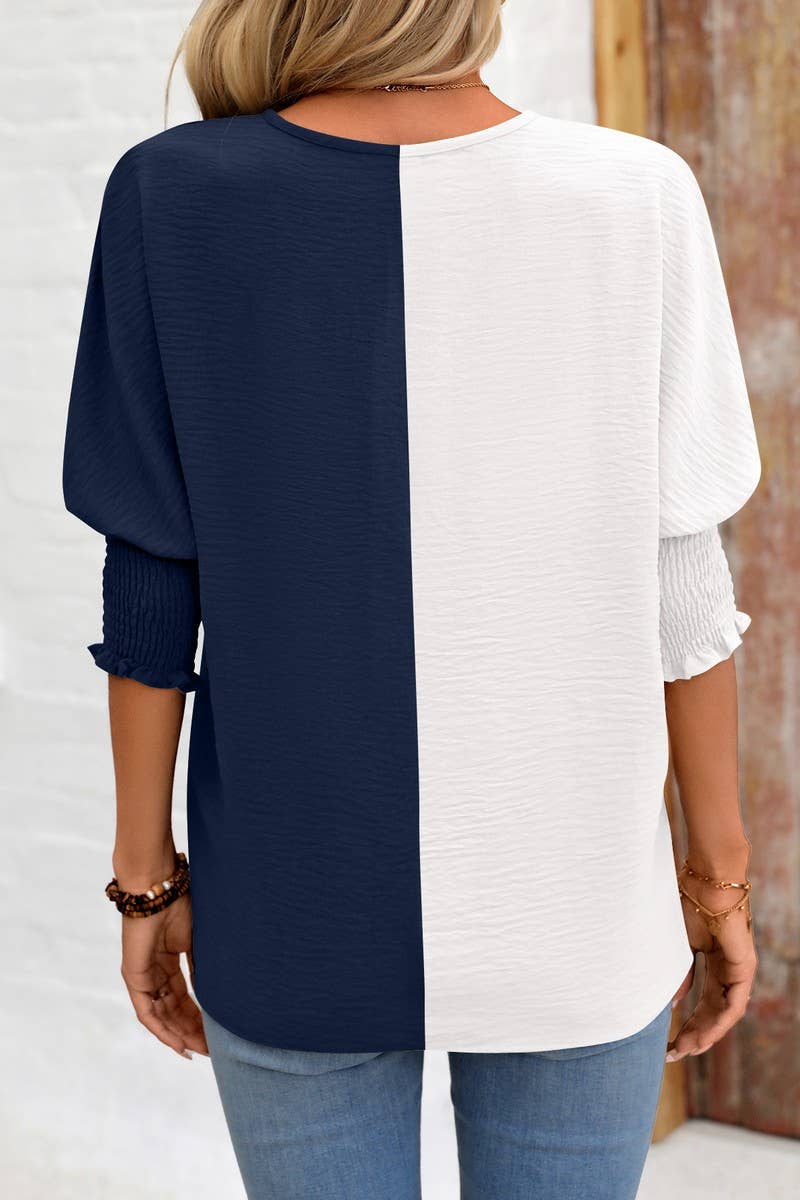 CWTBLS1501_COLORBLOCKED COLLAR LOOSE-FITTING BAT-SLEEVE TOP