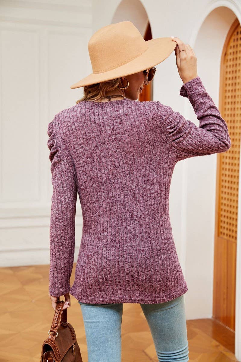 CWTBLL2403_ROUND NECK LONG SLEEVE TWISTED PUFF SLEEVE TOP