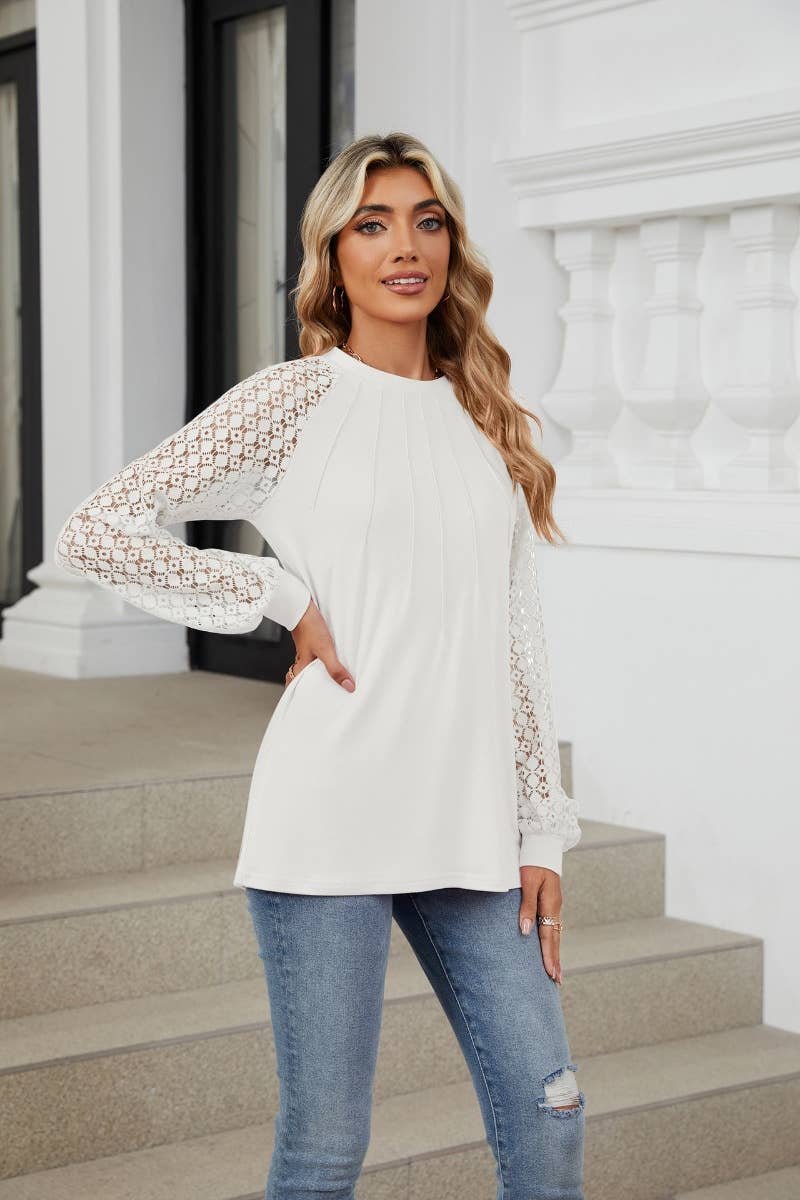 CWTBLL2860_CREW-NECK LACE PATCHWORK LONG-SLEEVED TOP