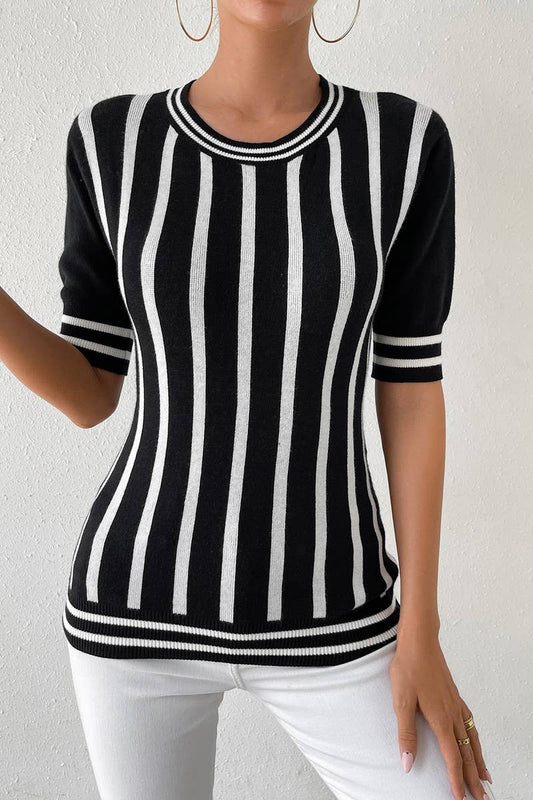 CWOSWS0040_Round Neck Short Sleeve Striped Knit Sweater