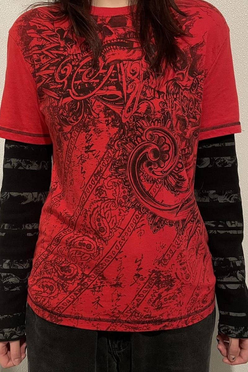 CWTBLL3163_ROUND NECK FAKE TWO PIECE PATCHWORK PRINTED TOP