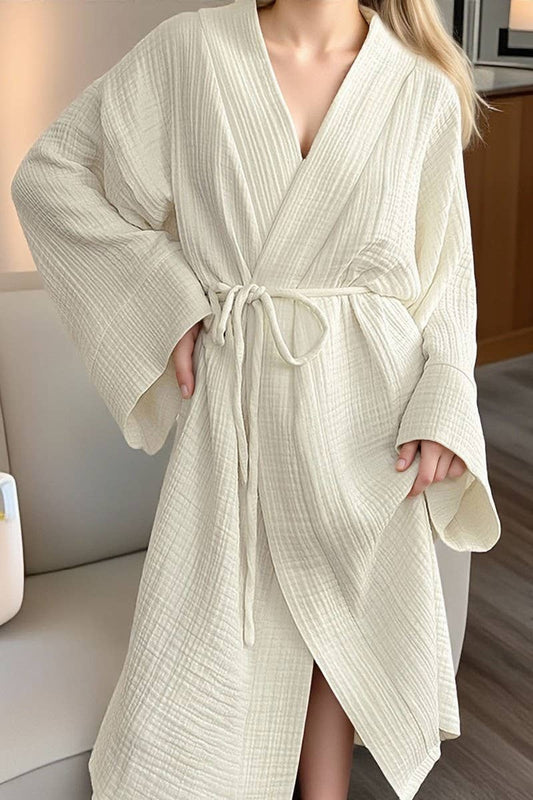 CWSPJ00523_COTTON ROBE WOMEN BREATHABLE LOUNGEWEAR WITH BELT