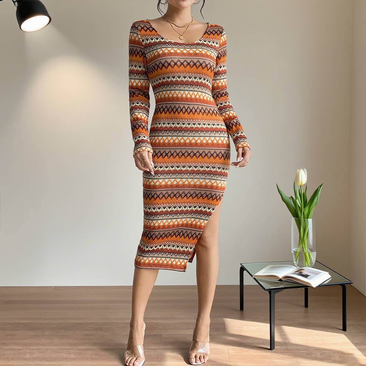 Elegant long,colorful striped long-sleeved dress