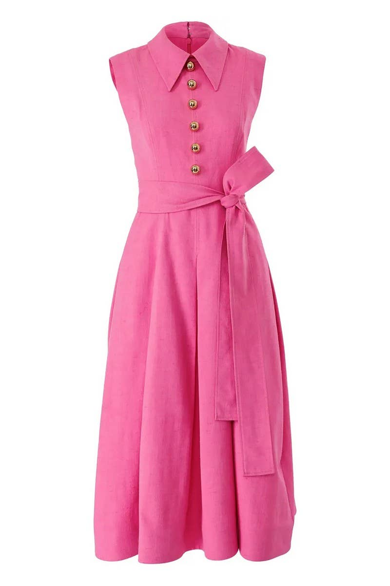 CWTDSSL0019_SLEEVELESS STAND COLLAR BELTED ELEGANT DRESS