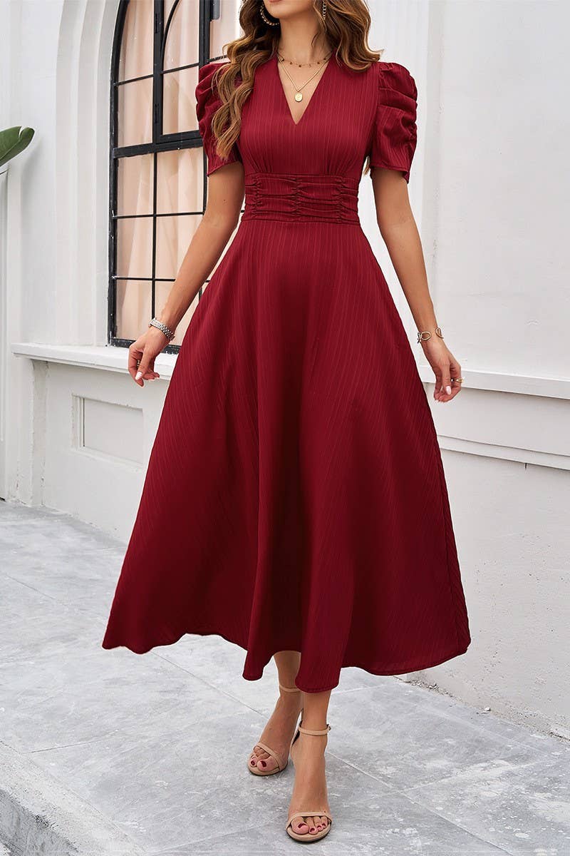 CWDMD6446_TEMPERAMENT HIGH WAIST SOLID COLOR WAIST DRESS