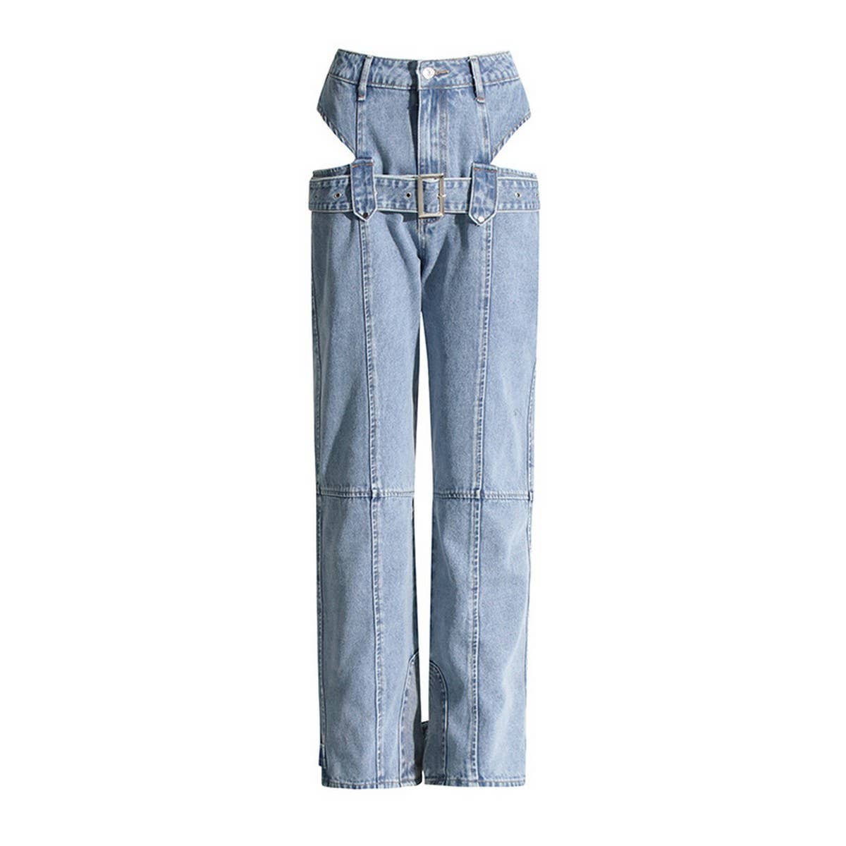 HIGH WAISTED HOLLOW EXPOSED WAIST SOLID COLOR JEANS