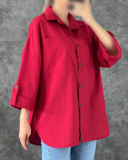 CASUAL LAPEL SOLID COLOR BAGGY POCKET BAGGY SHIRT