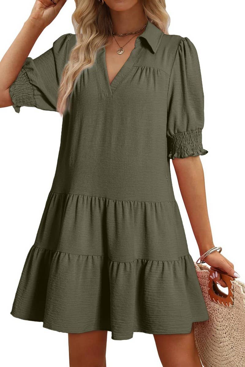 CWDSD7572_SUMMER PLEATED V-NECK SOLID COLOR SLEEVE DRESS