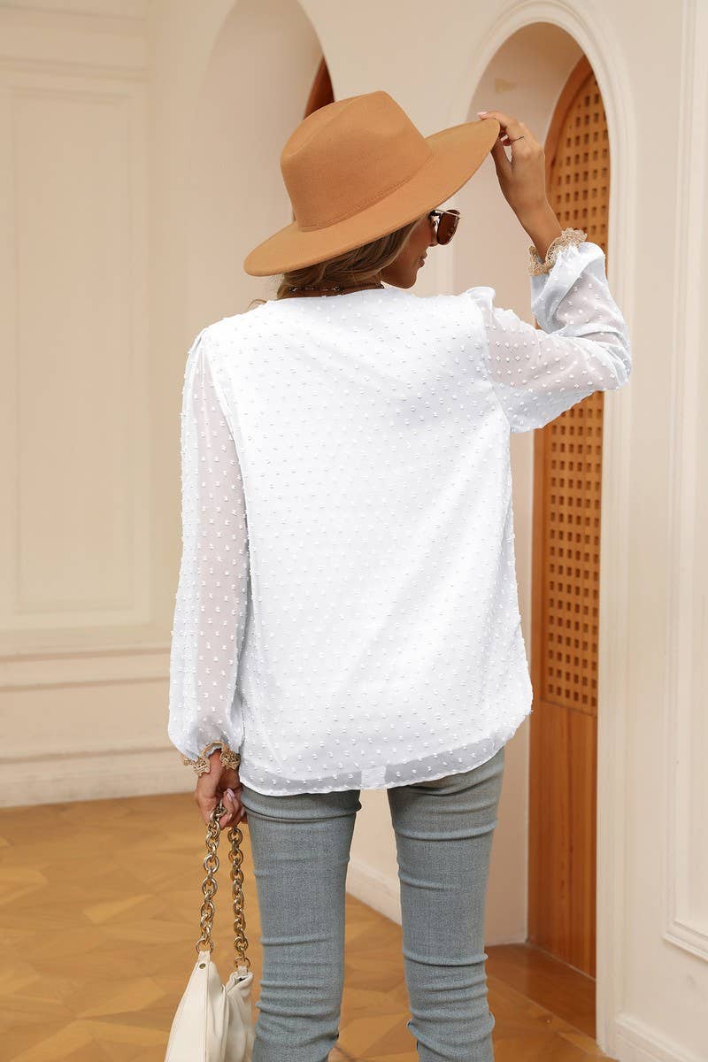 CWTBLL2386_JACQUARD V-NECK LONG-SLEEVED CHIFFON SHIRT TOP