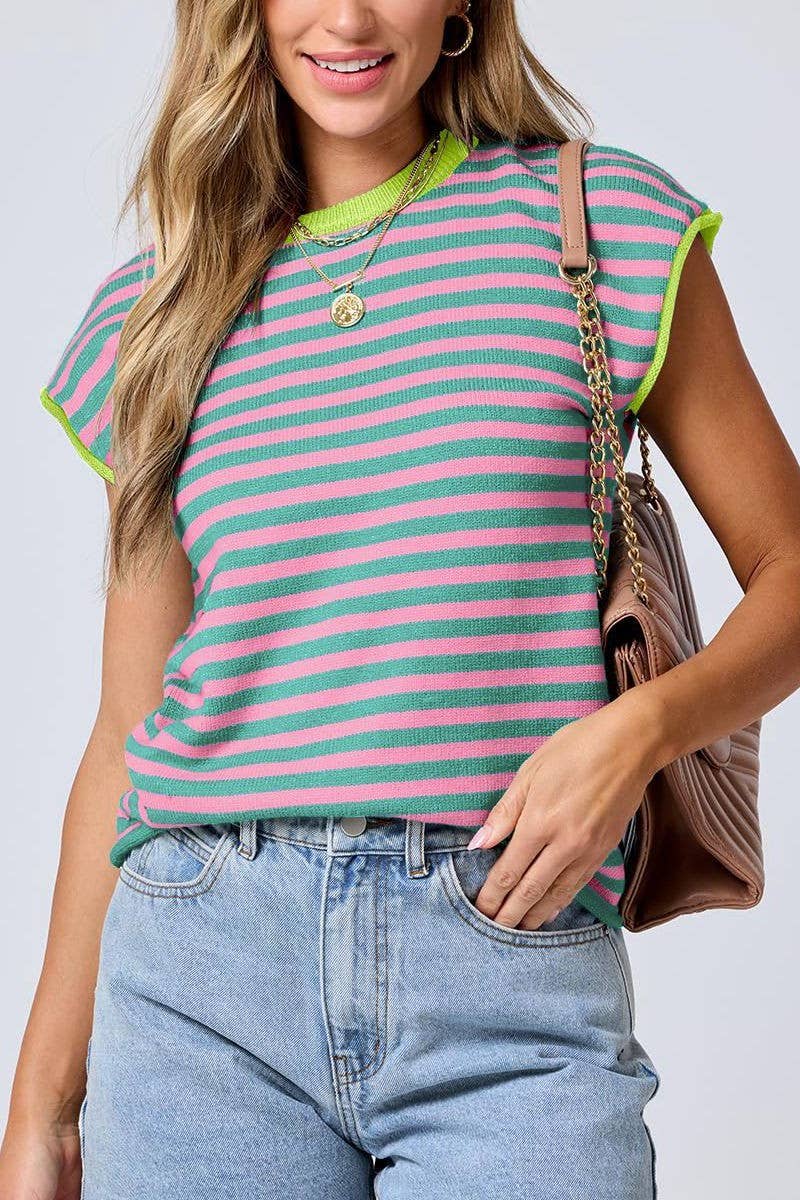 CWOSWS0122_CREW NECK CASUAL STRIPED CONTRAST KNIT TOP