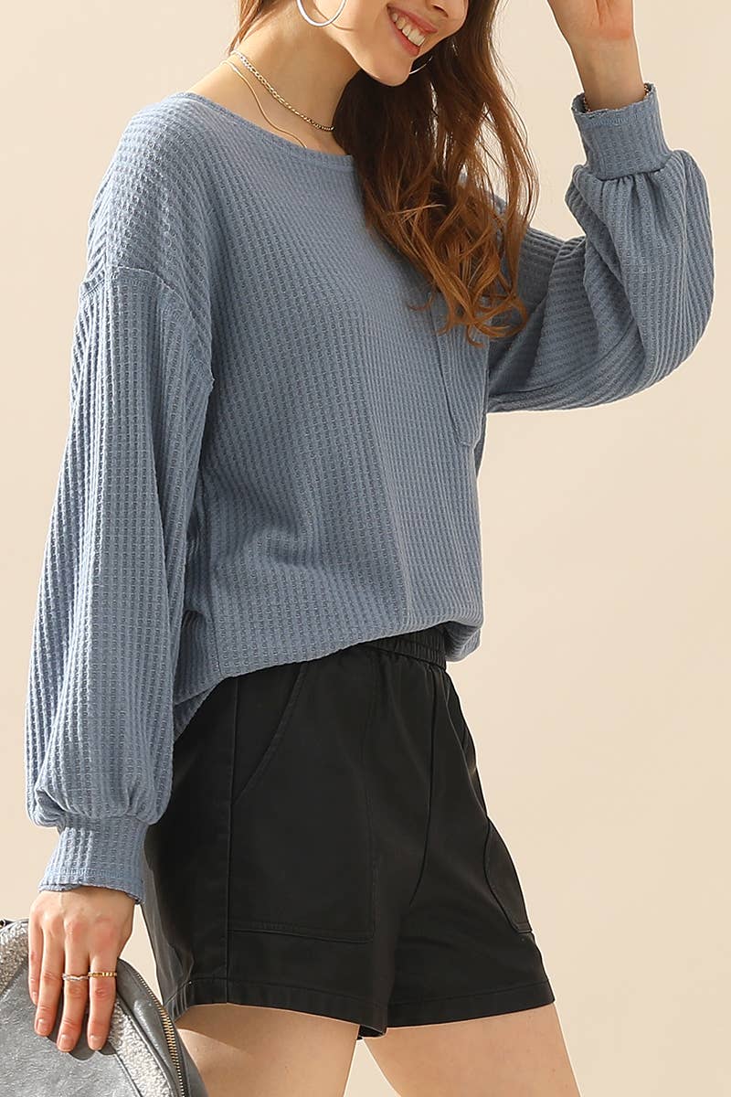 CWTTL1097_SHIRING CUFF R NECK SWEATER KNIT TOP