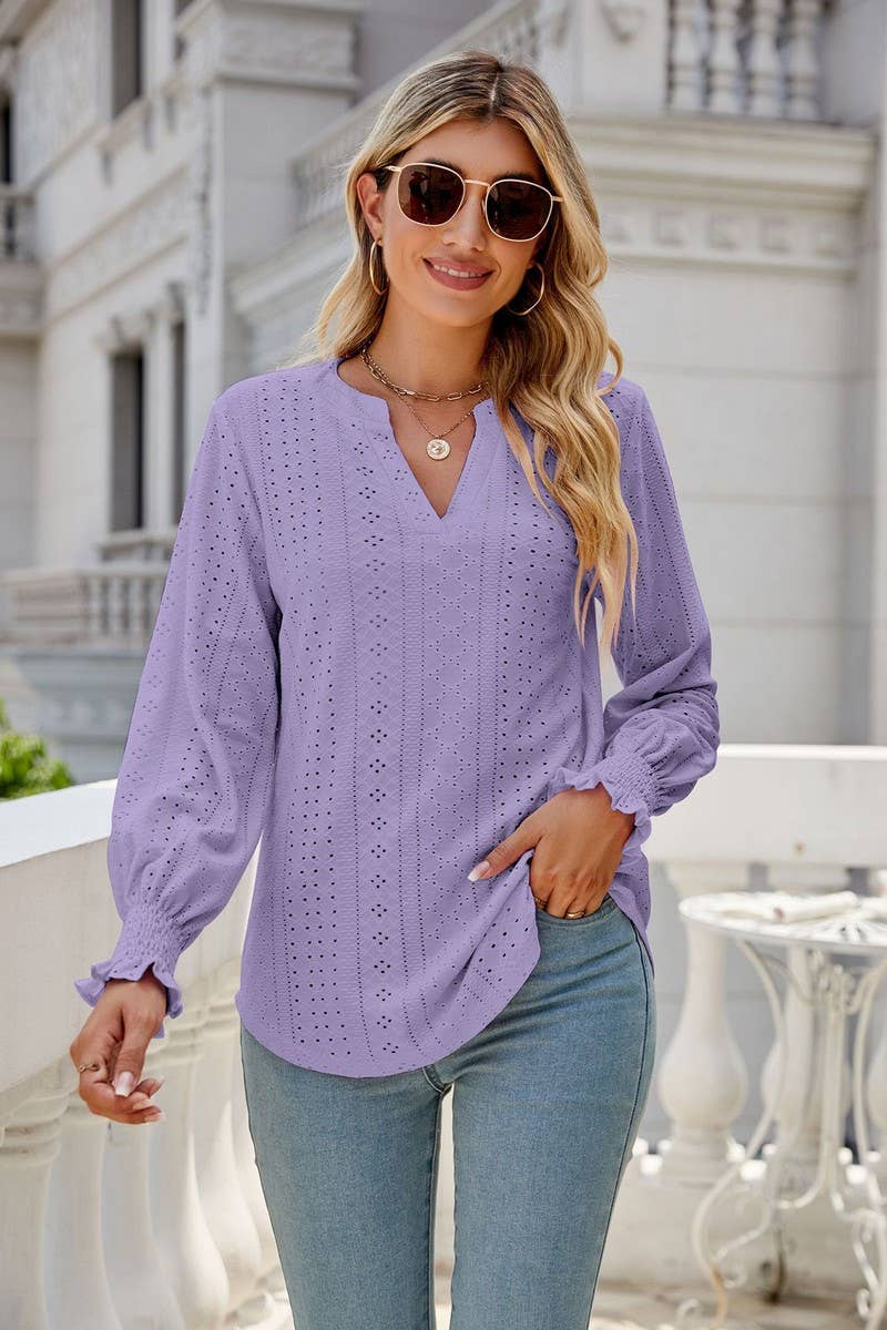 CWTBLL1848_V-NECK HOLLOW LOTUS LEAF SLEEVE LOOSE TOP