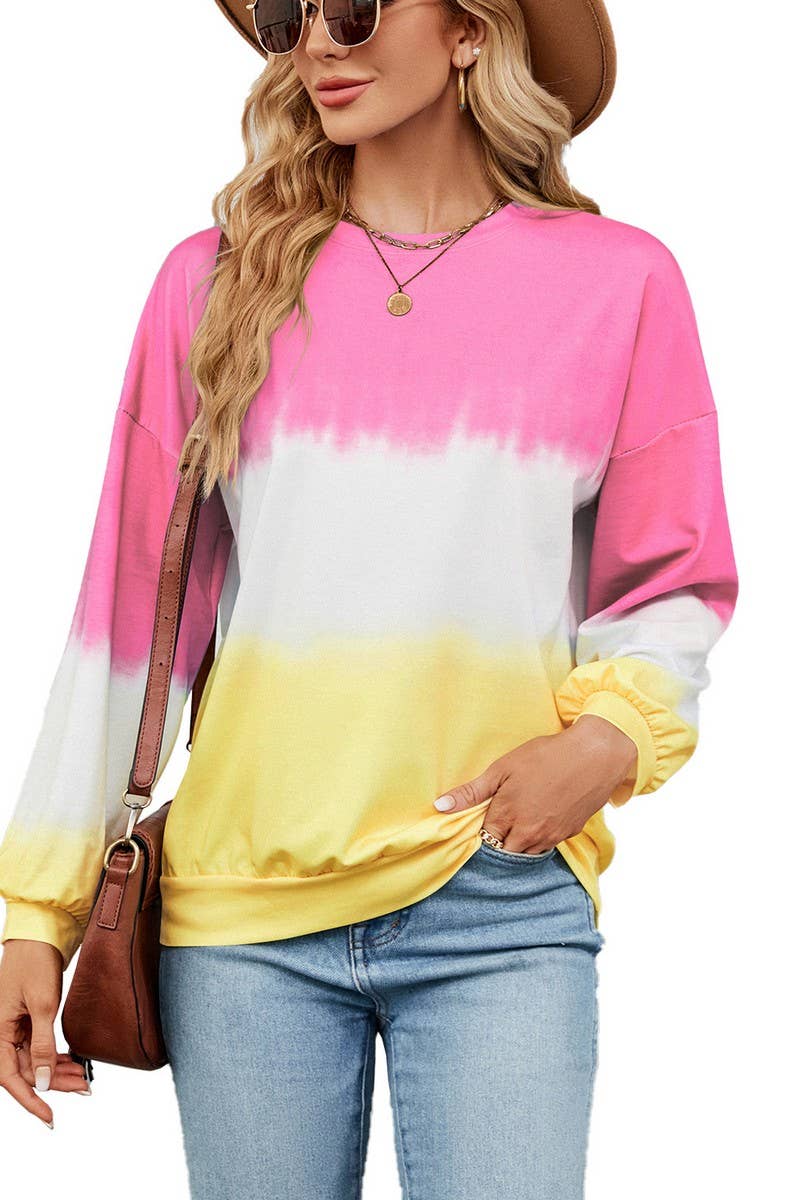 CWTBLL2414_TIE-DYE CONTRAST COLOR CREW NECK LONG SLEEVE TOP