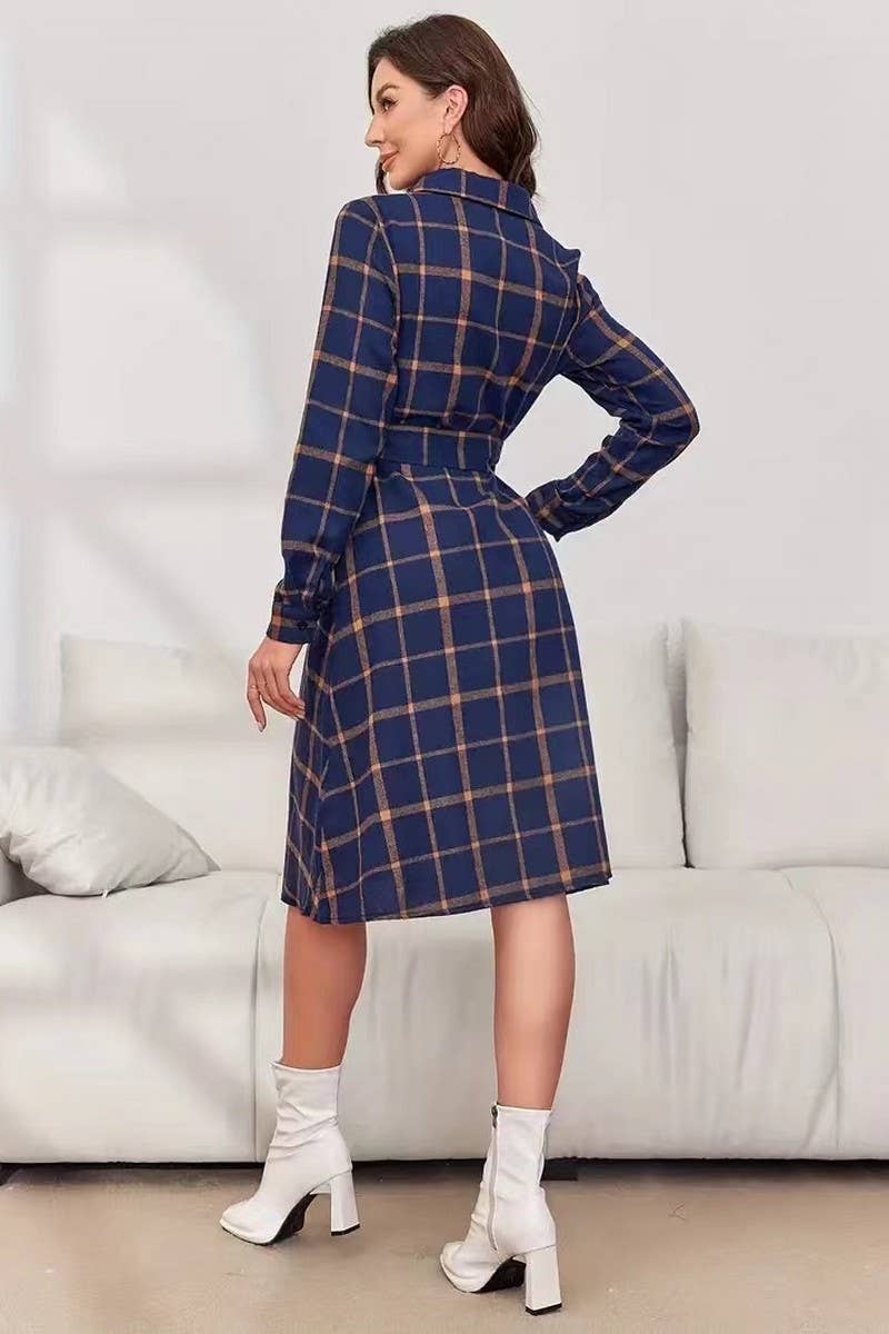 CWTDSL0125_PLAID LONG SLEEVE BELTED MIDI SHIRT DRESS
