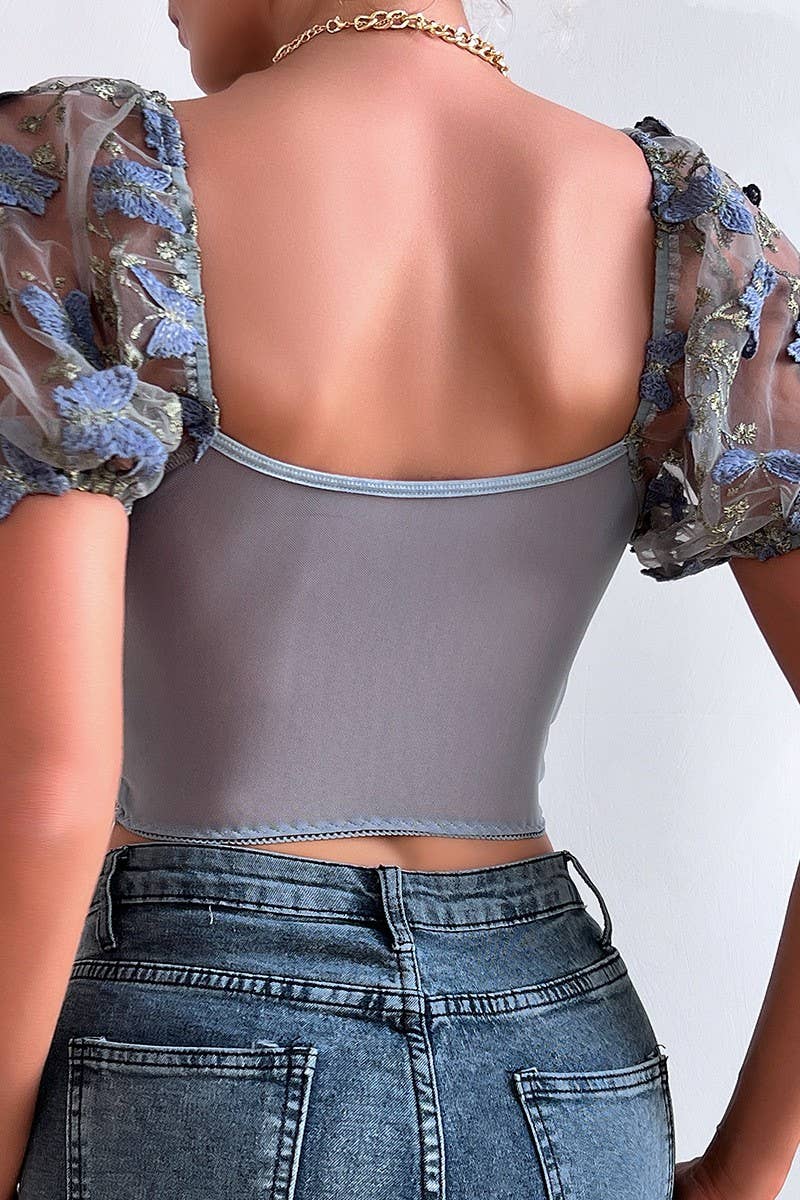 CWTBLS0491_DEEP V-NECK SHORT SLEEVE SEXY MESH PRINT TOP