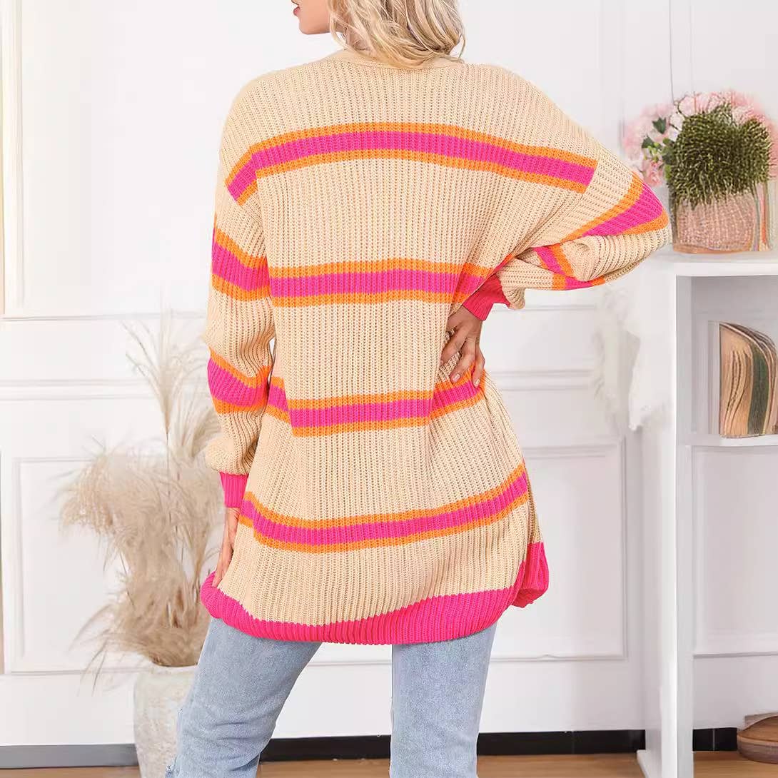 Contrasting color unbuttoned fashion knit cardigan jacket