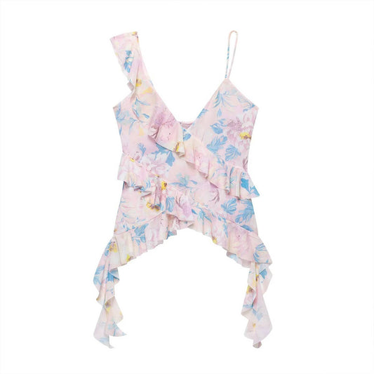 Design-sense layered printed mesh strappy top
