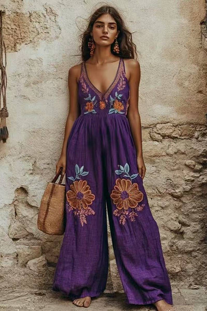 CWSJS1698_VINTAGE FLORAL COTTON LINEN STRAPPY WIDE JUMPSUIT