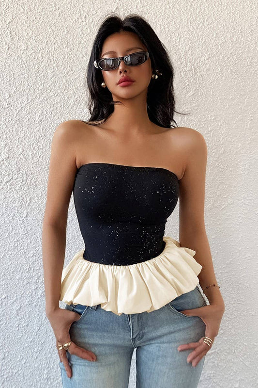 CWTTT0067_CLASSIC BLACK WHITE COLORBLOCK STRAPLESS TOP